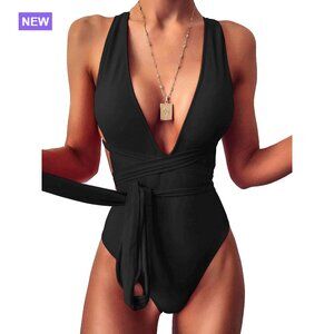 Criss Cross Plunge One Piece Thong Swimsuit High Cut Brazilian Bathing Suit